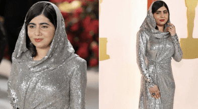 Malala Yousafzai debuts at the Oscars in silver sequin hooded gown.