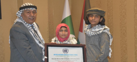 Palestinian Embassy honors young Pakistani siblings for Gaza advocacy